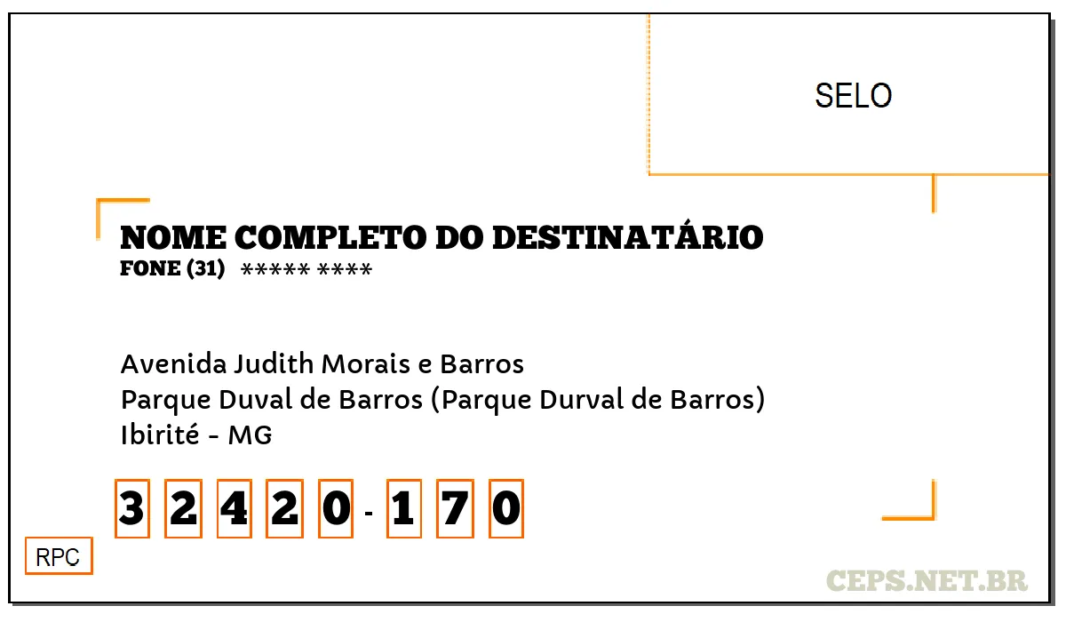 CEP IBIRITÉ - MG, DDD 31, CEP 32420170, AVENIDA JUDITH MORAIS E BARROS, BAIRRO PARQUE DUVAL DE BARROS (PARQUE DURVAL DE BARROS).