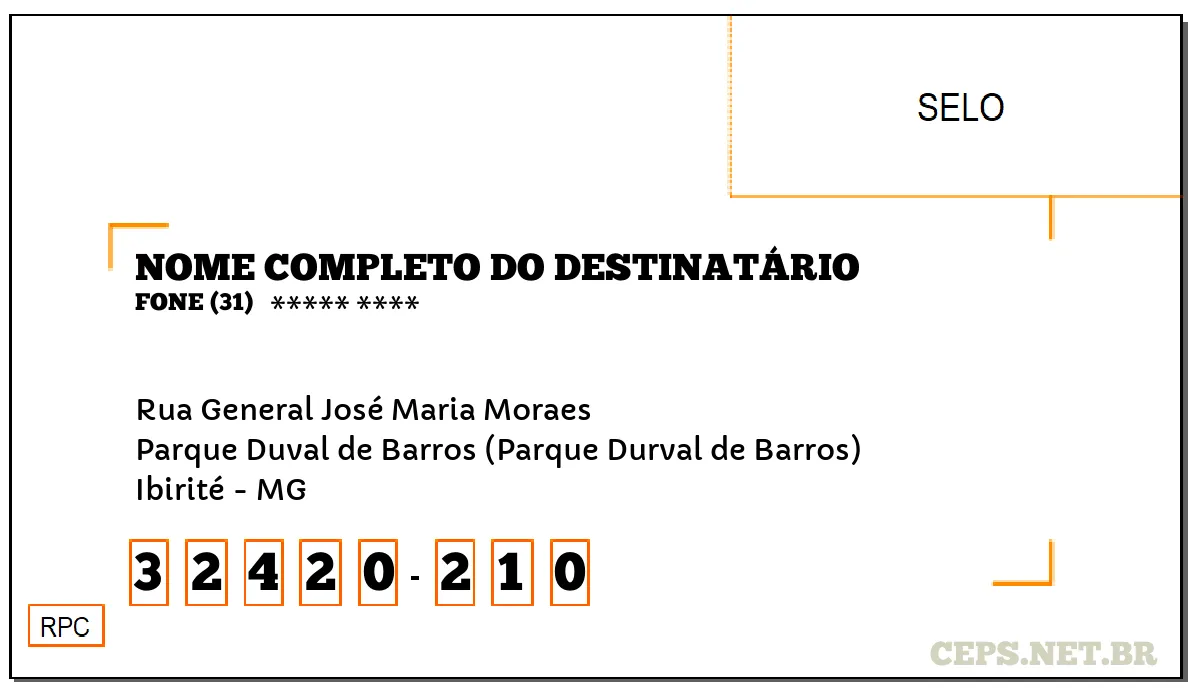 CEP IBIRITÉ - MG, DDD 31, CEP 32420210, RUA GENERAL JOSÉ MARIA MORAES, BAIRRO PARQUE DUVAL DE BARROS (PARQUE DURVAL DE BARROS).