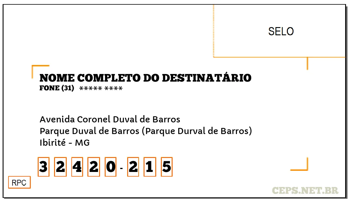 CEP IBIRITÉ - MG, DDD 31, CEP 32420215, AVENIDA CORONEL DUVAL DE BARROS, BAIRRO PARQUE DUVAL DE BARROS (PARQUE DURVAL DE BARROS).