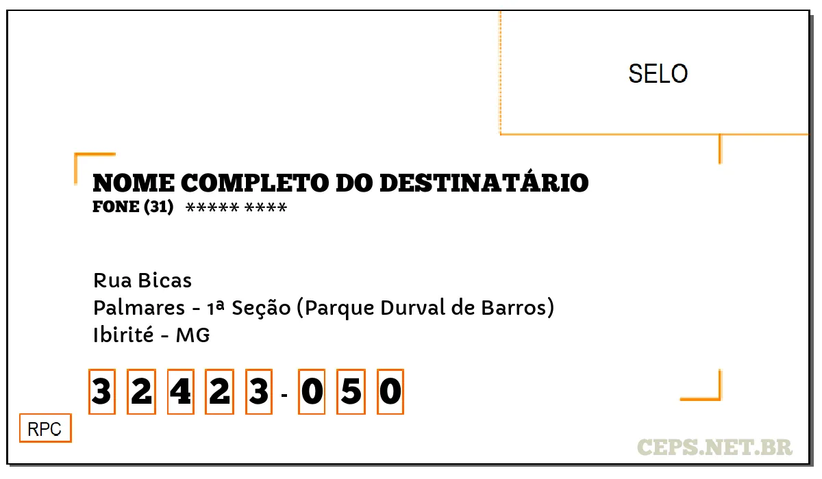 CEP IBIRITÉ - MG, DDD 31, CEP 32423050, RUA BICAS, BAIRRO PALMARES - 1ª SEÇÃO (PARQUE DURVAL DE BARROS).