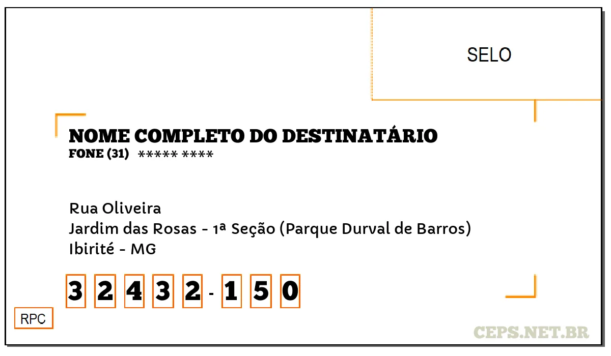 CEP IBIRITÉ - MG, DDD 31, CEP 32432150, RUA OLIVEIRA, BAIRRO JARDIM DAS ROSAS - 1ª SEÇÃO (PARQUE DURVAL DE BARROS).