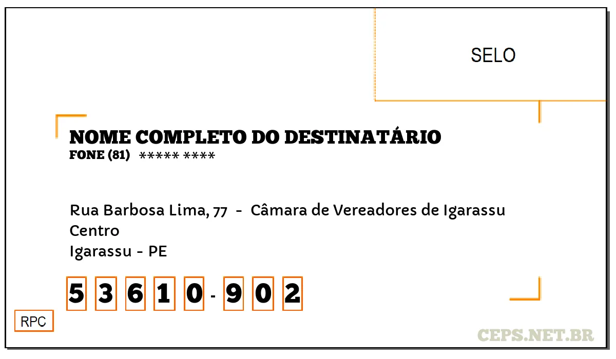 CEP IGARASSU - PE, DDD 81, CEP 53610902, RUA BARBOSA LIMA, 77 , BAIRRO CENTRO.