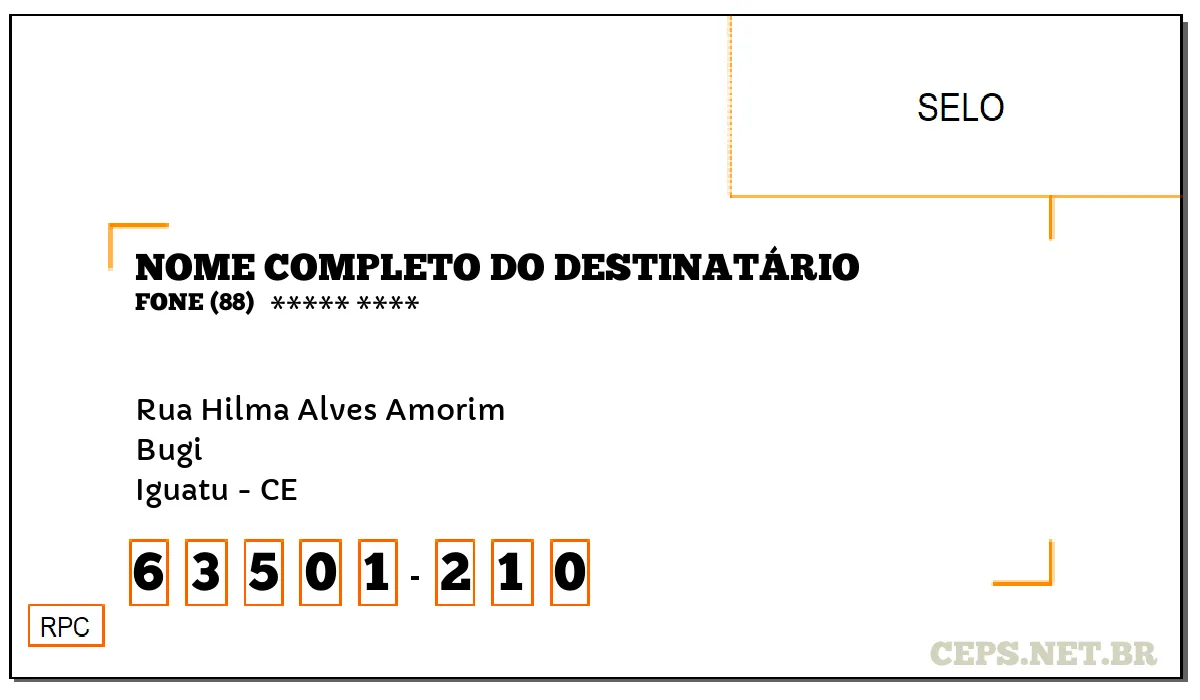 CEP IGUATU - CE, DDD 88, CEP 63501210, RUA HILMA ALVES AMORIM, BAIRRO BUGI.