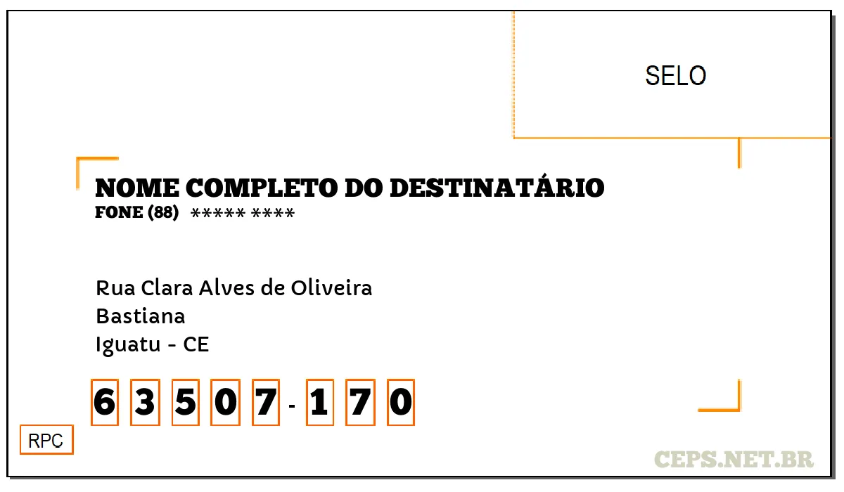 CEP IGUATU - CE, DDD 88, CEP 63507170, RUA CLARA ALVES DE OLIVEIRA, BAIRRO BASTIANA.