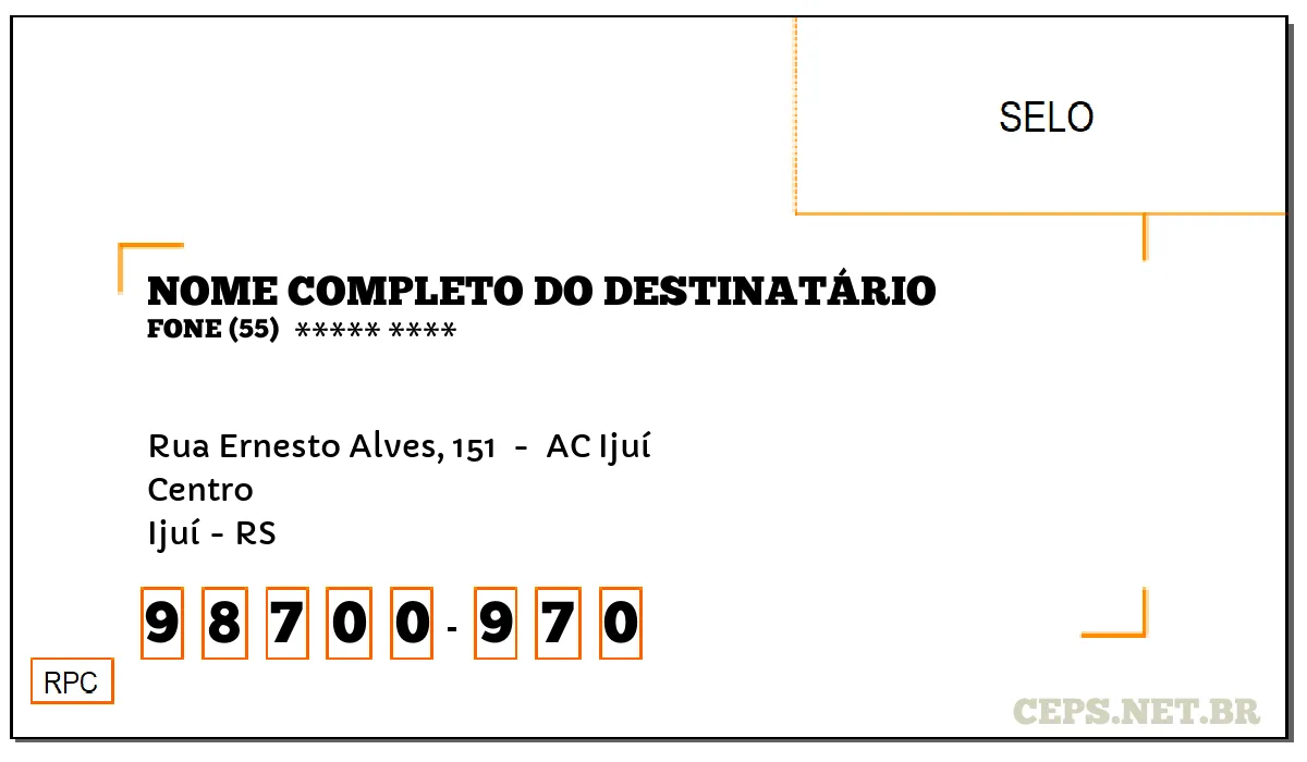 CEP IJUÍ - RS, DDD 55, CEP 98700970, RUA ERNESTO ALVES, 151 , BAIRRO CENTRO.