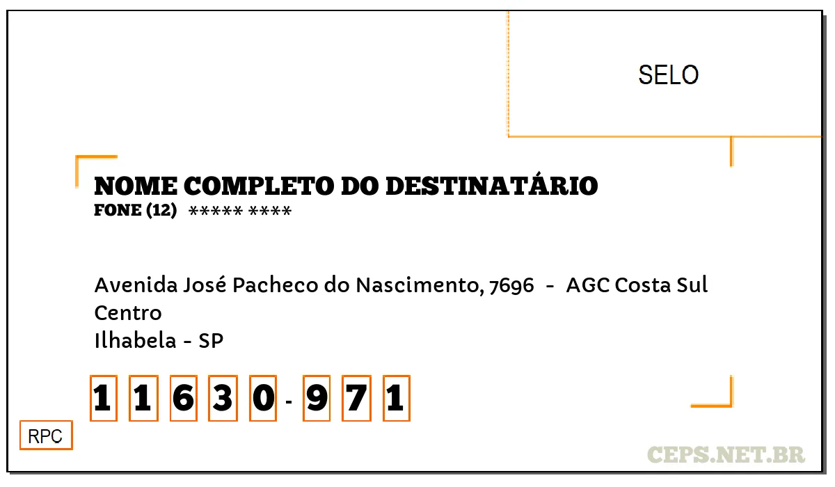 CEP ILHABELA - SP, DDD 12, CEP 11630971, AVENIDA JOSÉ PACHECO DO NASCIMENTO, 7696 , BAIRRO CENTRO.