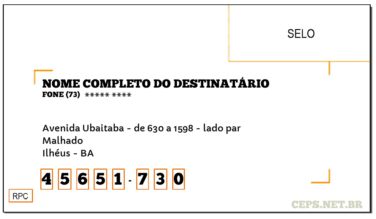 CEP ILHÉUS - BA, DDD 73, CEP 45651730, AVENIDA UBAITABA - DE 630 A 1598 - LADO PAR, BAIRRO MALHADO.