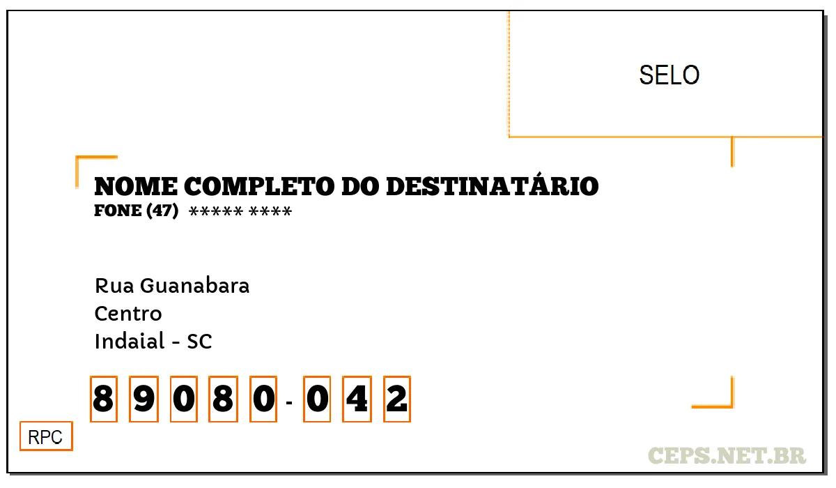 CEP INDAIAL - SC, DDD 47, CEP 89080042, RUA GUANABARA, BAIRRO CENTRO.