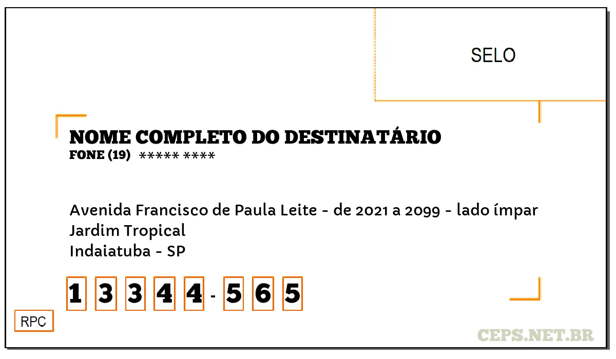 CEP INDAIATUBA - SP, DDD 19, CEP 13344565, AVENIDA FRANCISCO DE PAULA LEITE - DE 2021 A 2099 - LADO ÍMPAR, BAIRRO JARDIM TROPICAL.