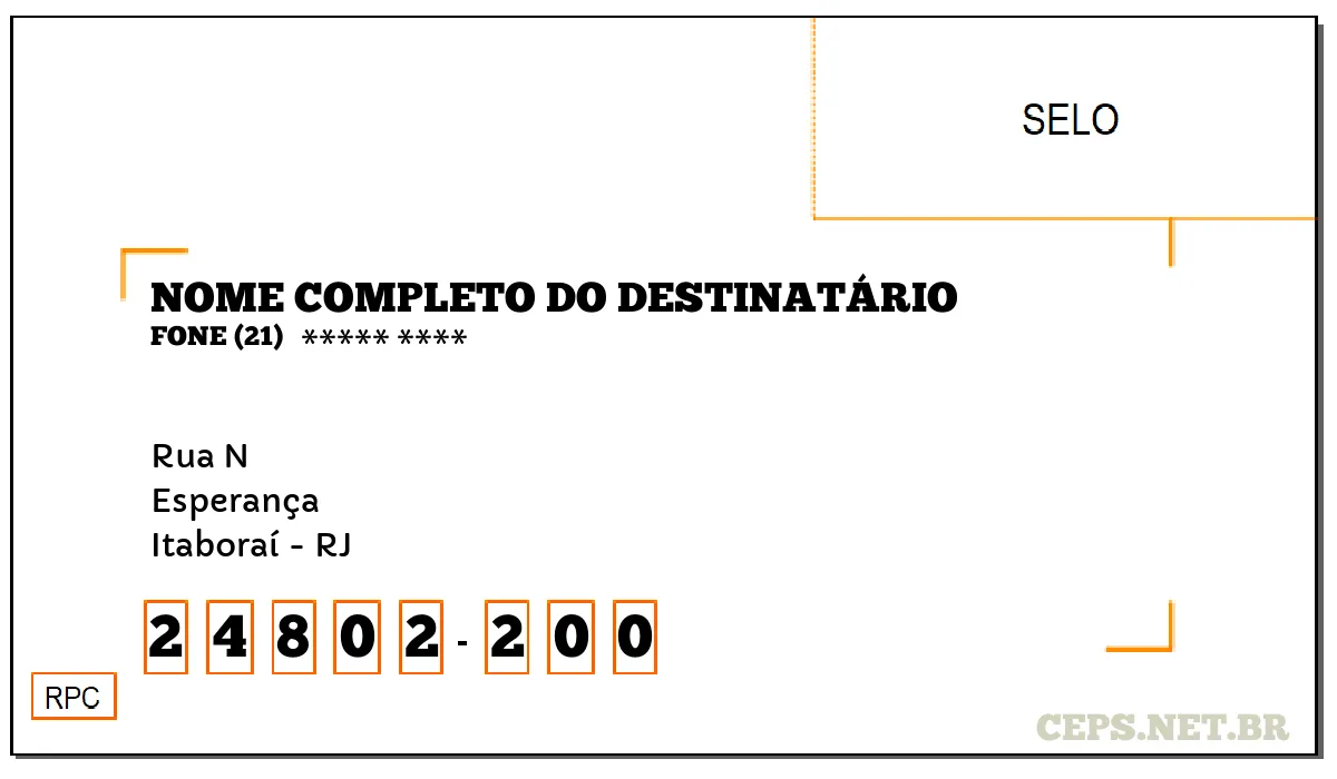 CEP ITABORAÍ - RJ, DDD 21, CEP 24802200, RUA N, BAIRRO ESPERANÇA.