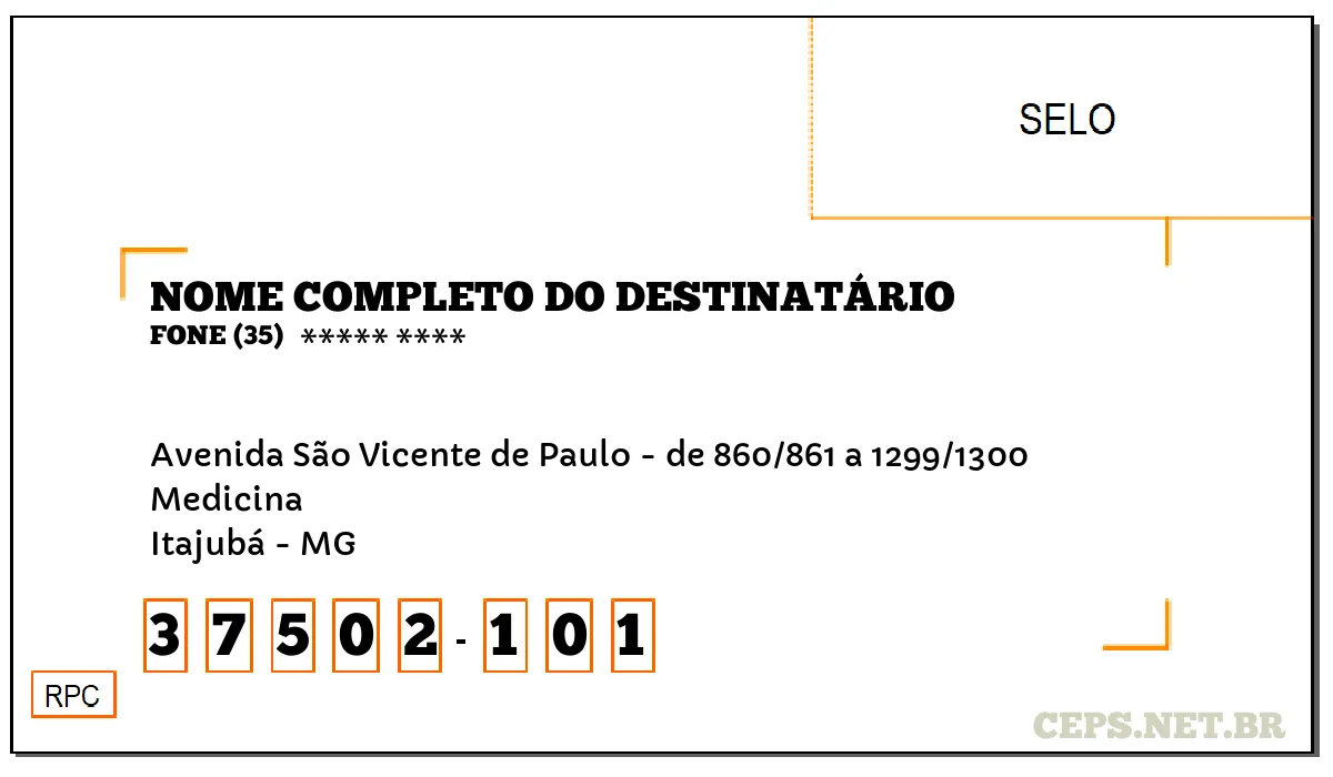 CEP ITAJUBÁ - MG, DDD 35, CEP 37502101, AVENIDA SÃO VICENTE DE PAULO - DE 860/861 A 1299/1300, BAIRRO MEDICINA.