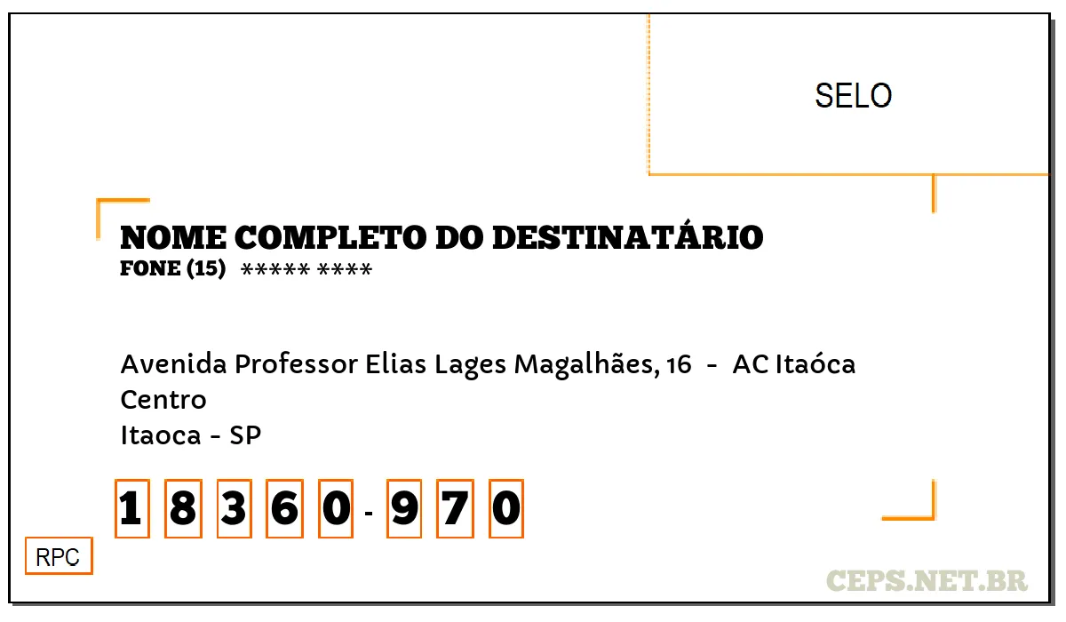 CEP ITAOCA - SP, DDD 15, CEP 18360970, AVENIDA PROFESSOR ELIAS LAGES MAGALHÃES, 16 , BAIRRO CENTRO.