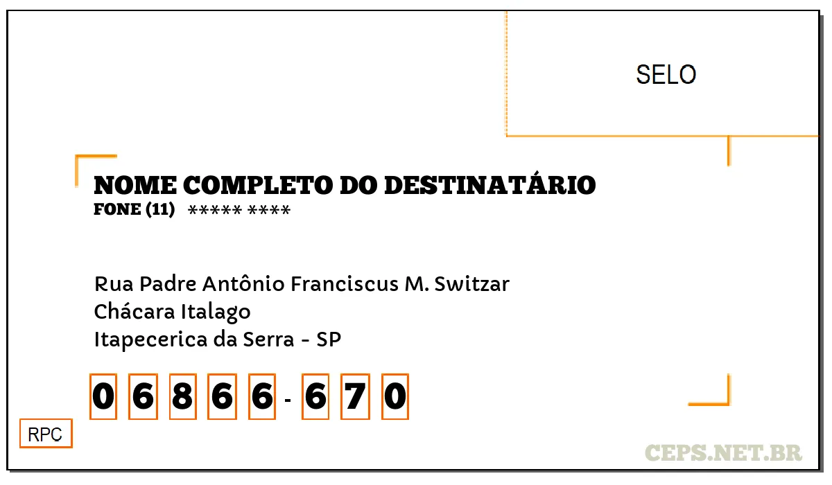 CEP ITAPECERICA DA SERRA - SP, DDD 11, CEP 06866670, RUA PADRE ANTÔNIO FRANCISCUS M. SWITZAR, BAIRRO CHÁCARA ITALAGO.