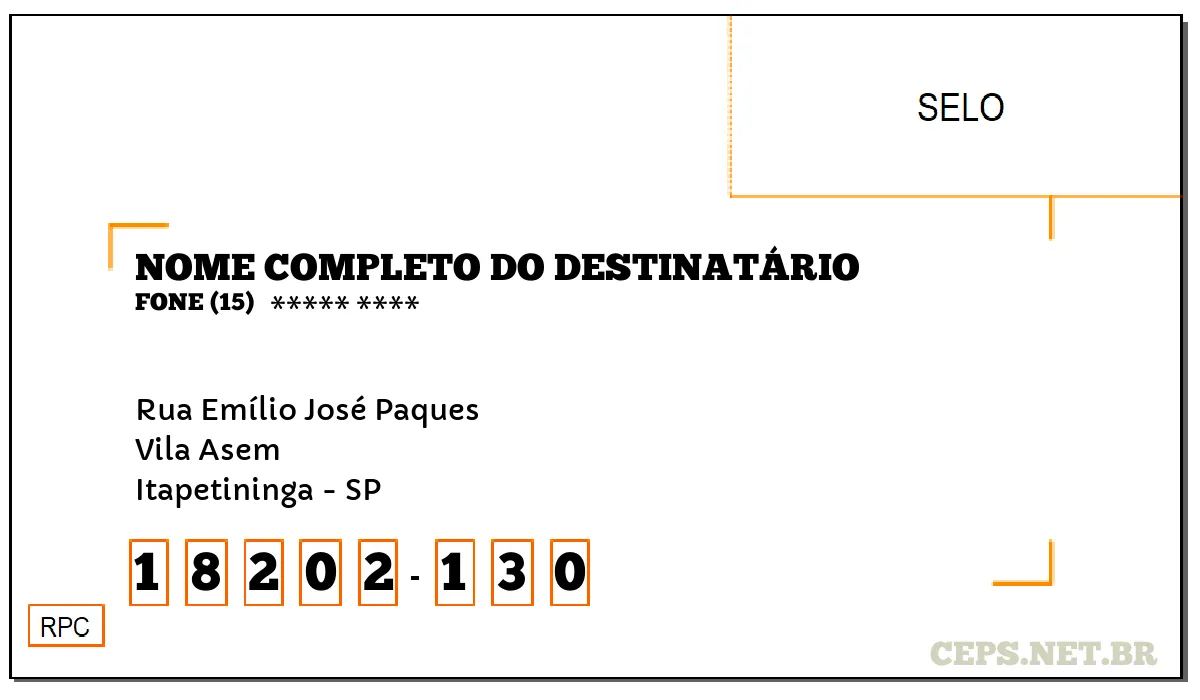 CEP ITAPETININGA - SP, DDD 15, CEP 18202130, RUA EMÍLIO JOSÉ PAQUES, BAIRRO VILA ASEM.