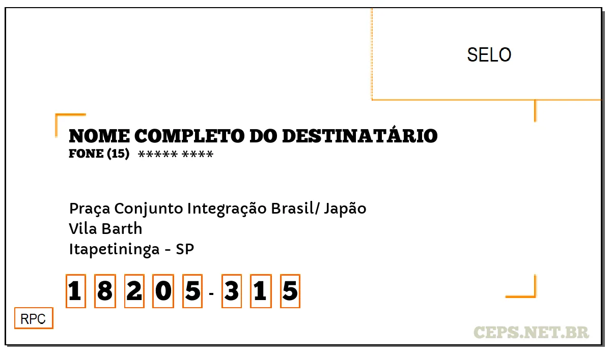 CEP ITAPETININGA - SP, DDD 15, CEP 18205315, PRAÇA CONJUNTO INTEGRAÇÃO BRASIL/ JAPÃO, BAIRRO VILA BARTH.