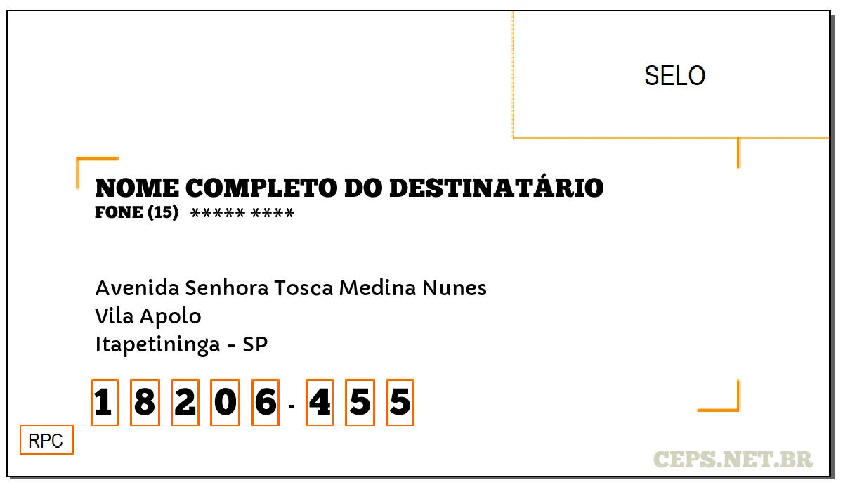 CEP ITAPETININGA - SP, DDD 15, CEP 18206455, AVENIDA SENHORA TOSCA MEDINA NUNES, BAIRRO VILA APOLO.