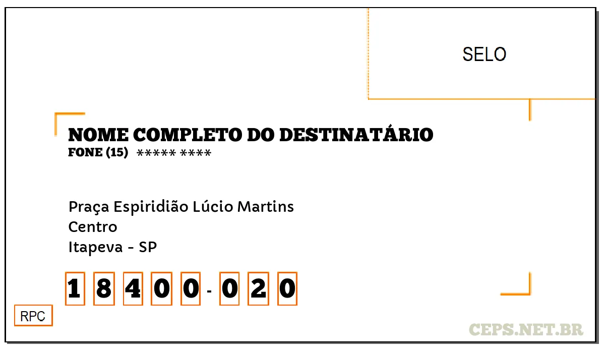 CEP ITAPEVA - SP, DDD 15, CEP 18400020, PRAÇA ESPIRIDIÃO LÚCIO MARTINS, BAIRRO CENTRO.