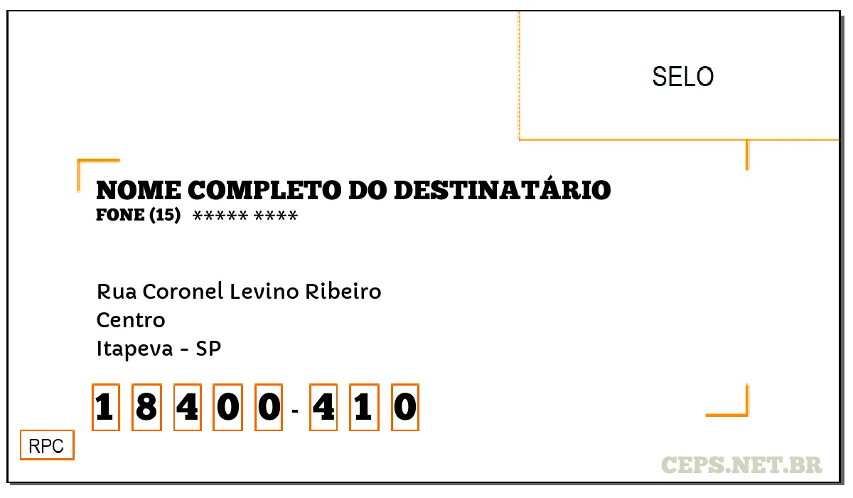 CEP ITAPEVA - SP, DDD 15, CEP 18400410, RUA CORONEL LEVINO RIBEIRO, BAIRRO CENTRO.