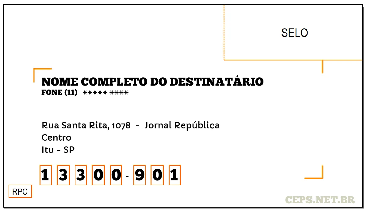 CEP ITU - SP, DDD 11, CEP 13300901, RUA SANTA RITA, 1078 , BAIRRO CENTRO.