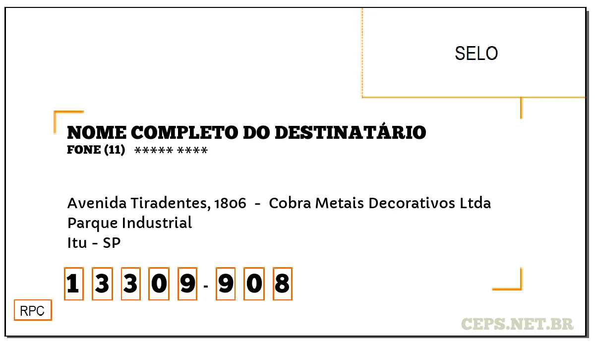 CEP ITU - SP, DDD 11, CEP 13309908, AVENIDA TIRADENTES, 1806 , BAIRRO PARQUE INDUSTRIAL.