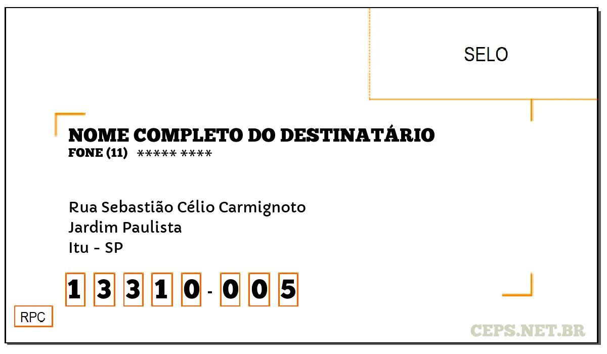 CEP ITU - SP, DDD 11, CEP 13310005, RUA SEBASTIÃO CÉLIO CARMIGNOTO, BAIRRO JARDIM PAULISTA.