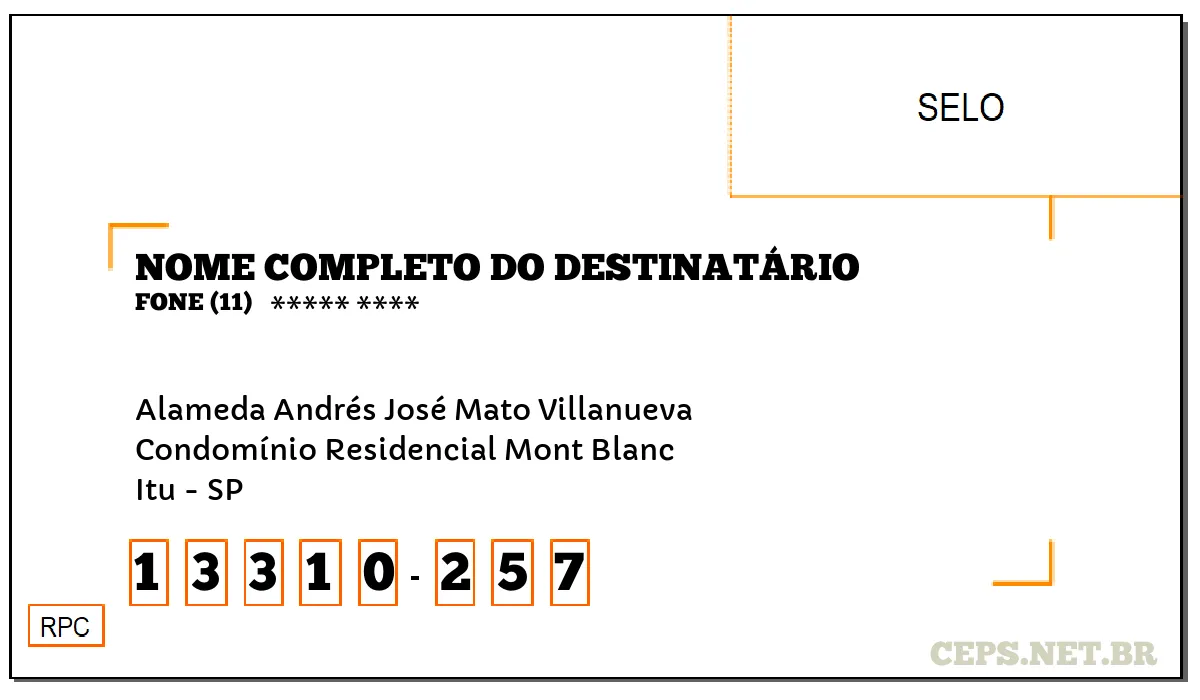 CEP ITU - SP, DDD 11, CEP 13310257, ALAMEDA ANDRÉS JOSÉ MATO VILLANUEVA, BAIRRO CONDOMÍNIO RESIDENCIAL MONT BLANC.