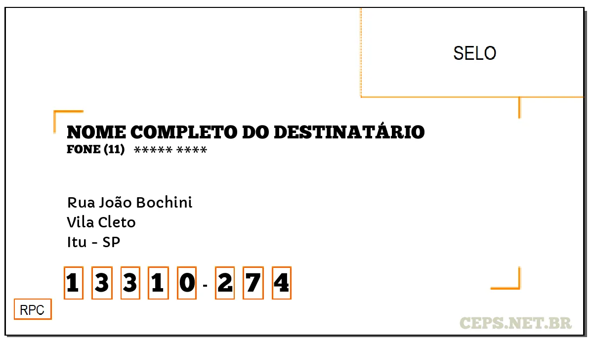 CEP ITU - SP, DDD 11, CEP 13310274, RUA JOÃO BOCHINI, BAIRRO VILA CLETO.