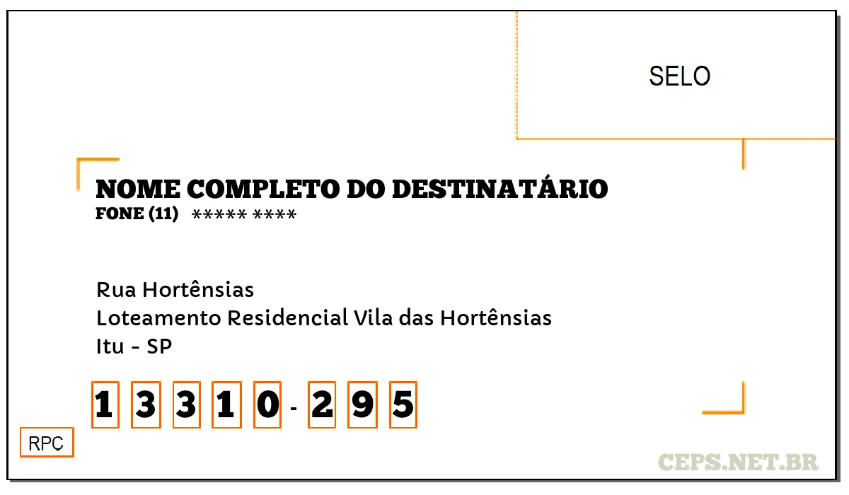 CEP ITU - SP, DDD 11, CEP 13310295, RUA HORTÊNSIAS, BAIRRO LOTEAMENTO RESIDENCIAL VILA DAS HORTÊNSIAS.