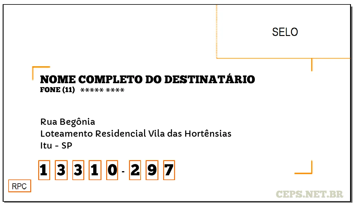 CEP ITU - SP, DDD 11, CEP 13310297, RUA BEGÔNIA, BAIRRO LOTEAMENTO RESIDENCIAL VILA DAS HORTÊNSIAS.