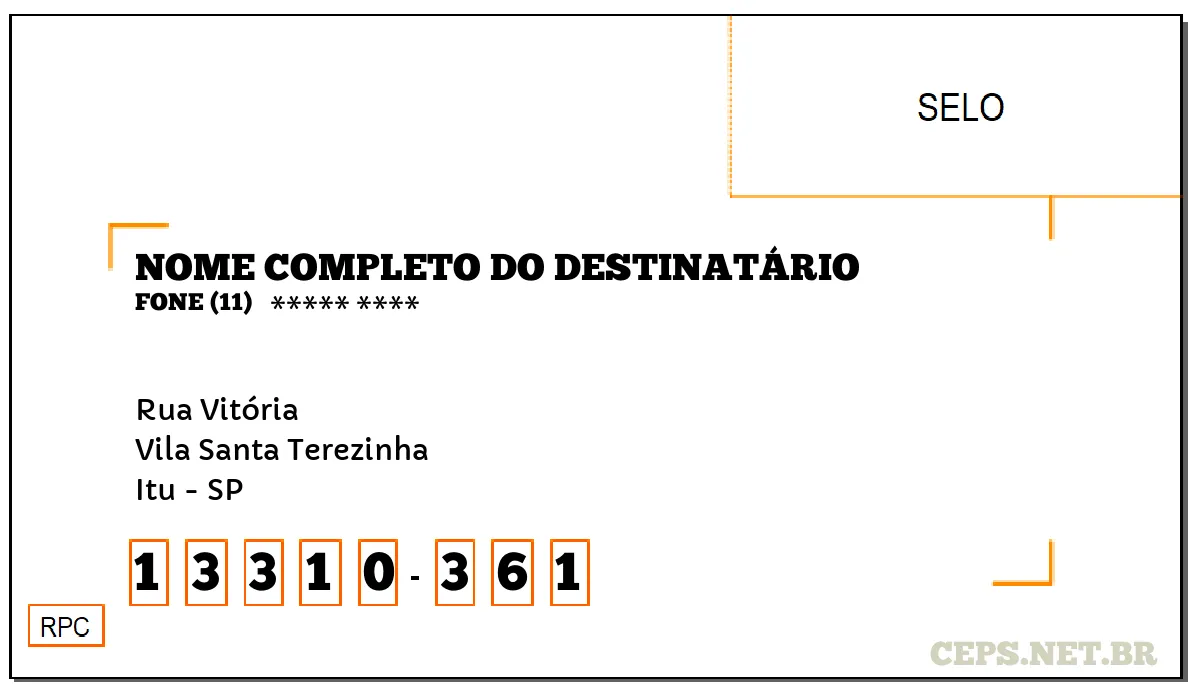 CEP ITU - SP, DDD 11, CEP 13310361, RUA VITÓRIA, BAIRRO VILA SANTA TEREZINHA.