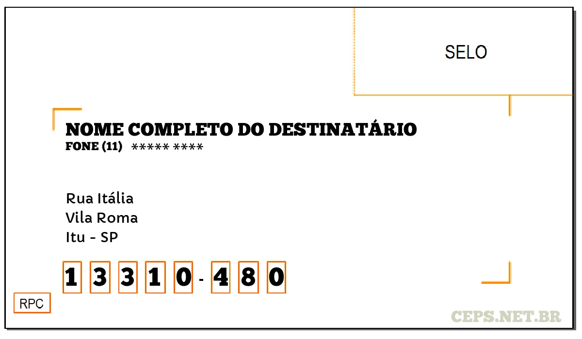 CEP ITU - SP, DDD 11, CEP 13310480, RUA ITÁLIA, BAIRRO VILA ROMA.