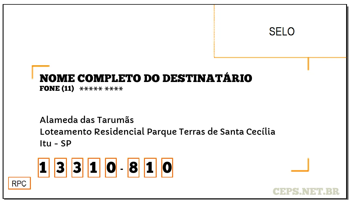 CEP ITU - SP, DDD 11, CEP 13310810, ALAMEDA DAS TARUMÃS, BAIRRO LOTEAMENTO RESIDENCIAL PARQUE TERRAS DE SANTA CECÍLIA.