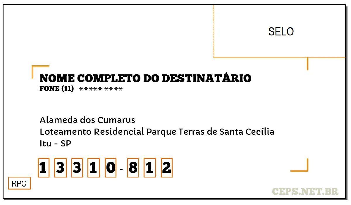 CEP ITU - SP, DDD 11, CEP 13310812, ALAMEDA DOS CUMARUS, BAIRRO LOTEAMENTO RESIDENCIAL PARQUE TERRAS DE SANTA CECÍLIA.