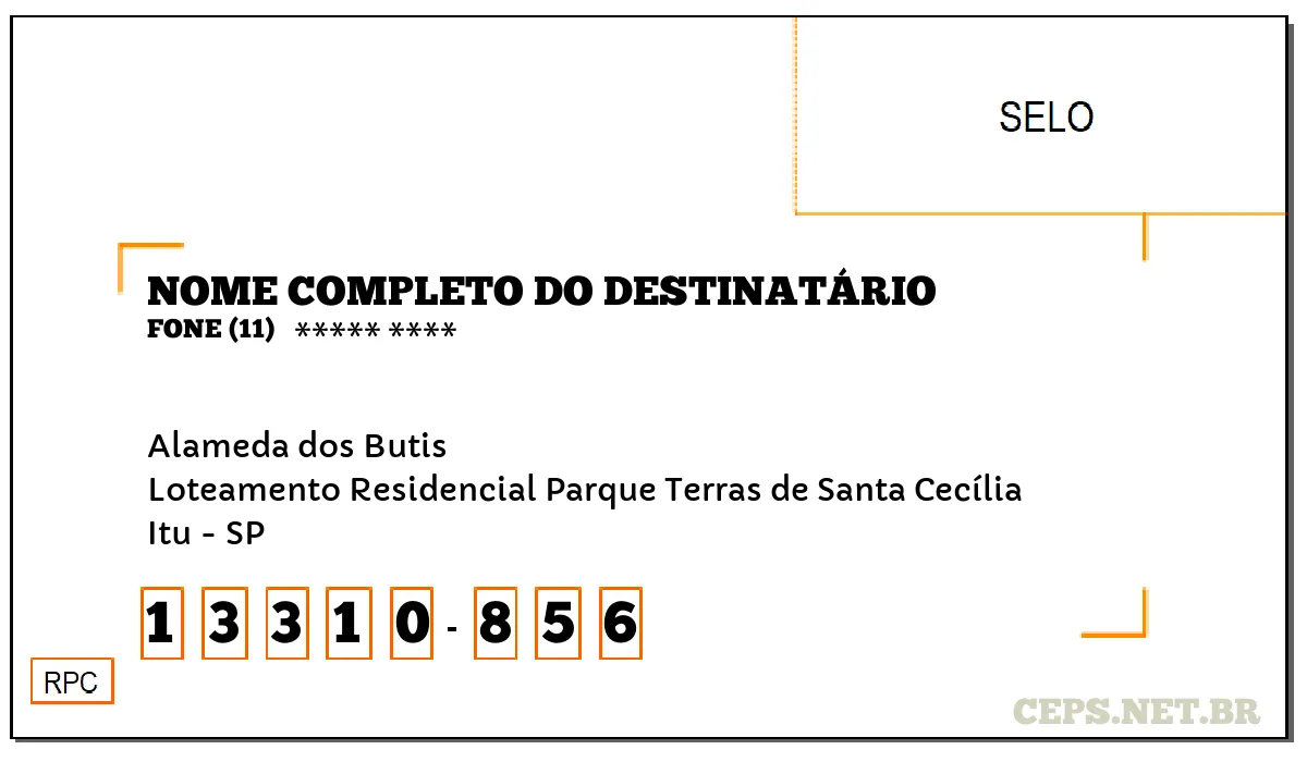 CEP ITU - SP, DDD 11, CEP 13310856, ALAMEDA DOS BUTIS, BAIRRO LOTEAMENTO RESIDENCIAL PARQUE TERRAS DE SANTA CECÍLIA.