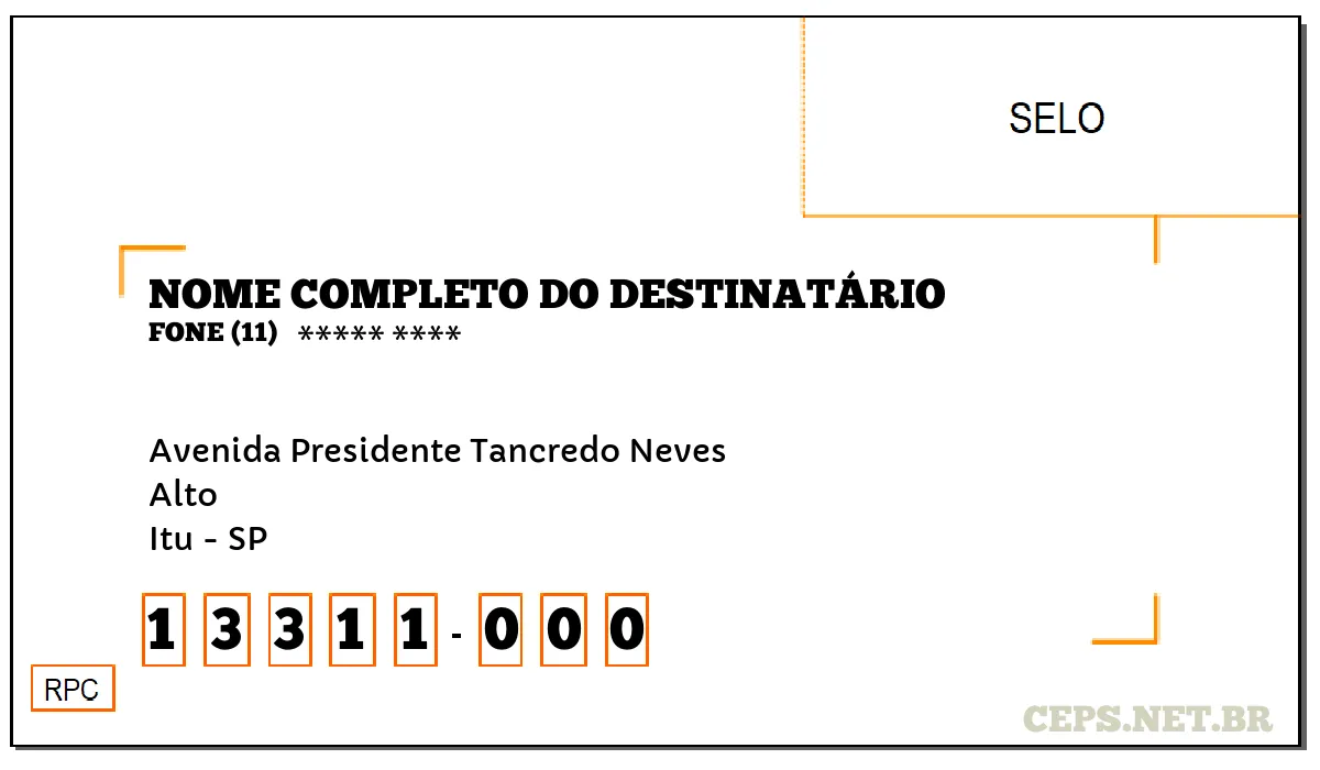 CEP ITU - SP, DDD 11, CEP 13311000, AVENIDA PRESIDENTE TANCREDO NEVES, BAIRRO ALTO.