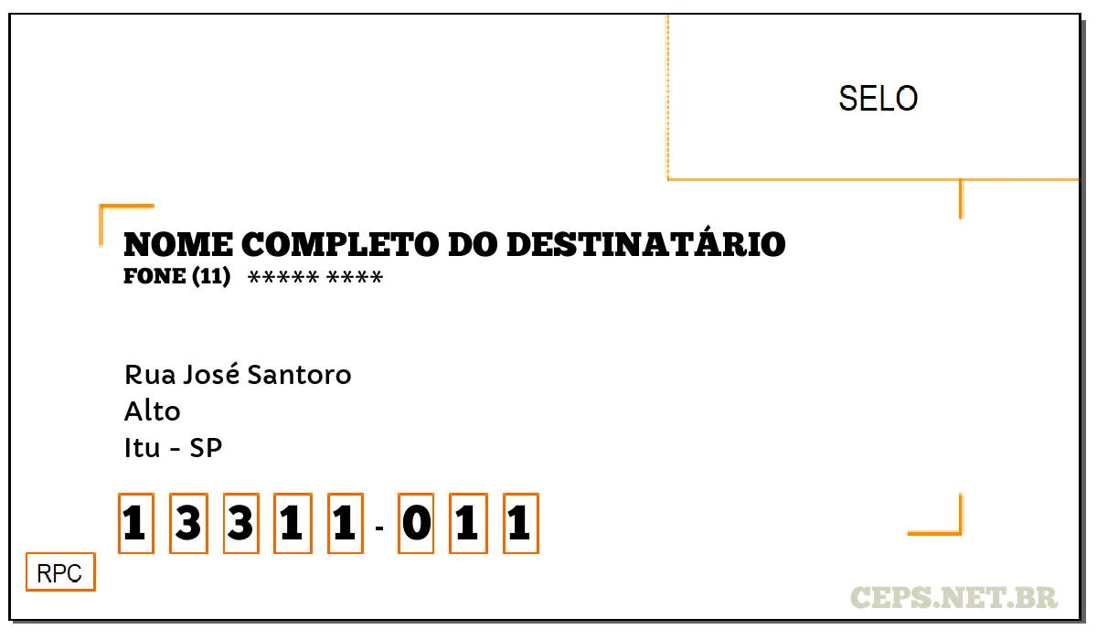 CEP ITU - SP, DDD 11, CEP 13311011, RUA JOSÉ SANTORO, BAIRRO ALTO.