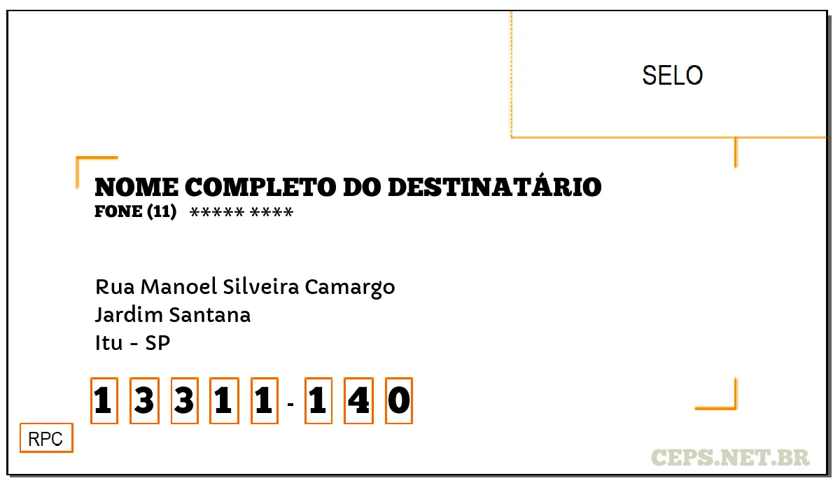 CEP ITU - SP, DDD 11, CEP 13311140, RUA MANOEL SILVEIRA CAMARGO, BAIRRO JARDIM SANTANA.