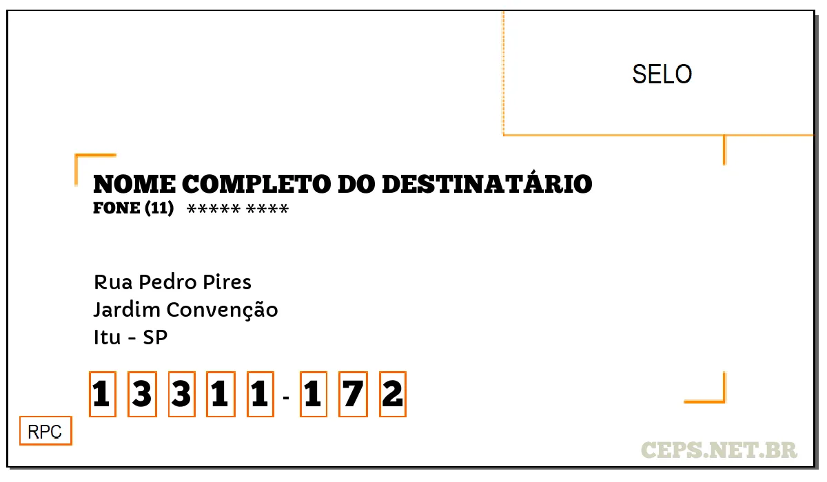 CEP ITU - SP, DDD 11, CEP 13311172, RUA PEDRO PIRES, BAIRRO JARDIM CONVENÇÃO.