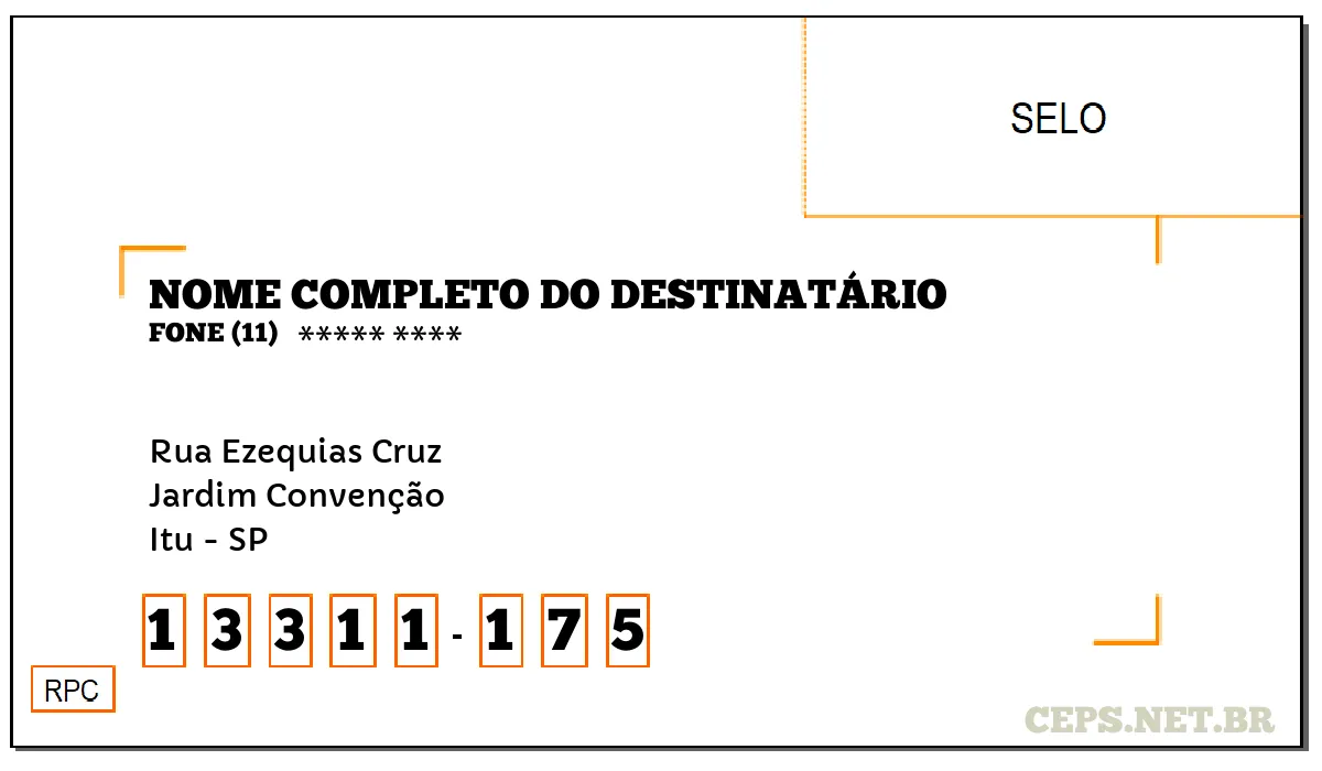 CEP ITU - SP, DDD 11, CEP 13311175, RUA EZEQUIAS CRUZ, BAIRRO JARDIM CONVENÇÃO.