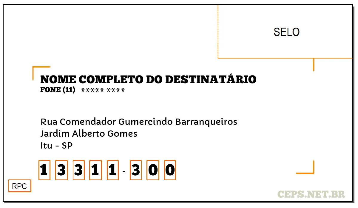 CEP ITU - SP, DDD 11, CEP 13311300, RUA COMENDADOR GUMERCINDO BARRANQUEIROS, BAIRRO JARDIM ALBERTO GOMES.