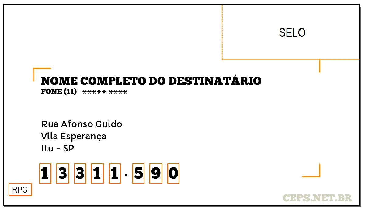 CEP ITU - SP, DDD 11, CEP 13311590, RUA AFONSO GUIDO, BAIRRO VILA ESPERANÇA.