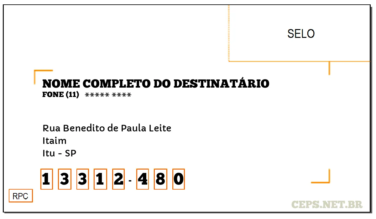 CEP ITU - SP, DDD 11, CEP 13312480, RUA BENEDITO DE PAULA LEITE, BAIRRO ITAIM.