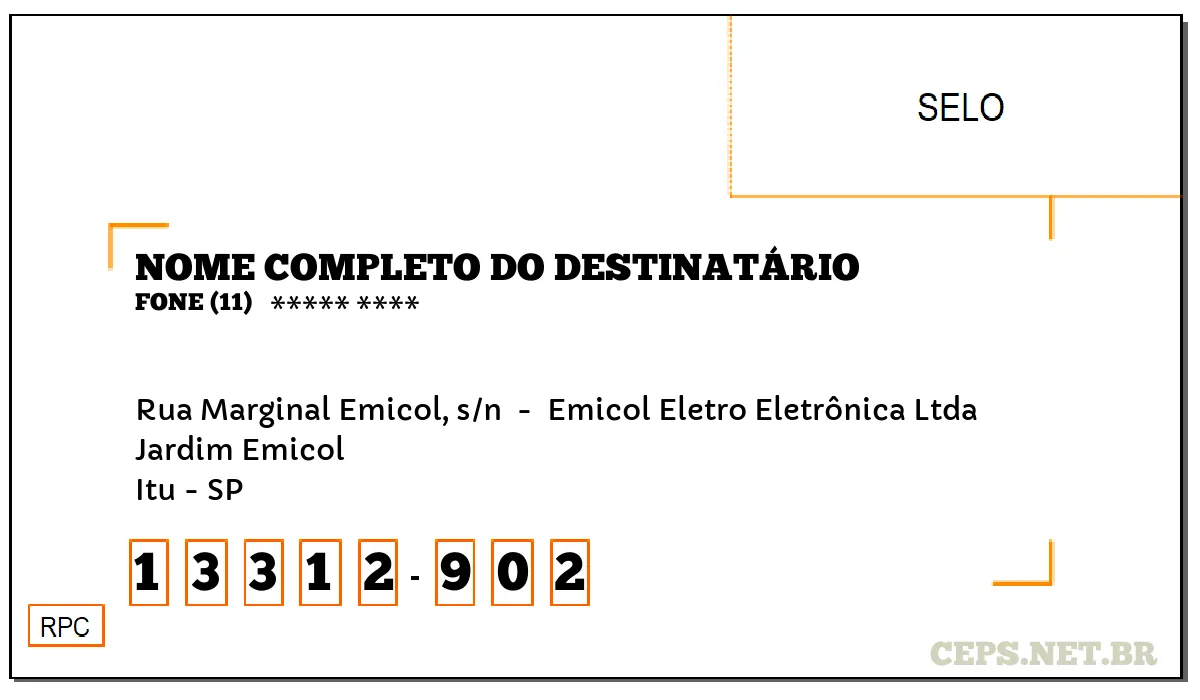 CEP ITU - SP, DDD 11, CEP 13312902, RUA MARGINAL EMICOL, S/N , BAIRRO JARDIM EMICOL.