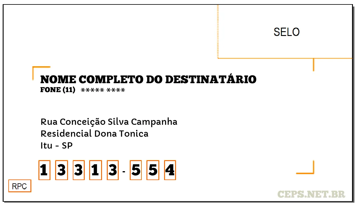 CEP ITU - SP, DDD 11, CEP 13313554, RUA CONCEIÇÃO SILVA CAMPANHA, BAIRRO RESIDENCIAL DONA TONICA.