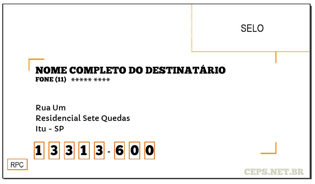 CEP ITU - SP, DDD 11, CEP 13313600, RUA UM, BAIRRO RESIDENCIAL SETE QUEDAS.