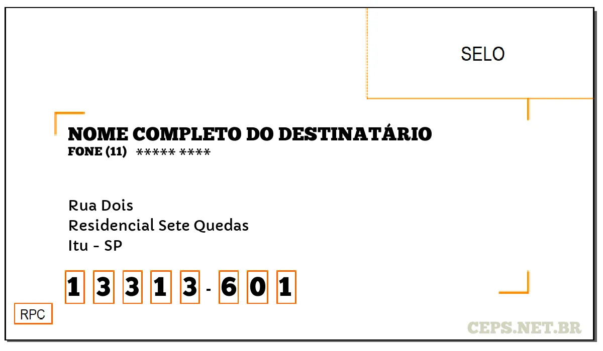 CEP ITU - SP, DDD 11, CEP 13313601, RUA DOIS, BAIRRO RESIDENCIAL SETE QUEDAS.