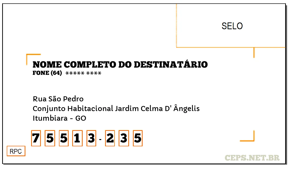 CEP ITUMBIARA - GO, DDD 64, CEP 75513235, RUA SÃO PEDRO, BAIRRO CONJUNTO HABITACIONAL JARDIM CELMA D' ÂNGELIS.