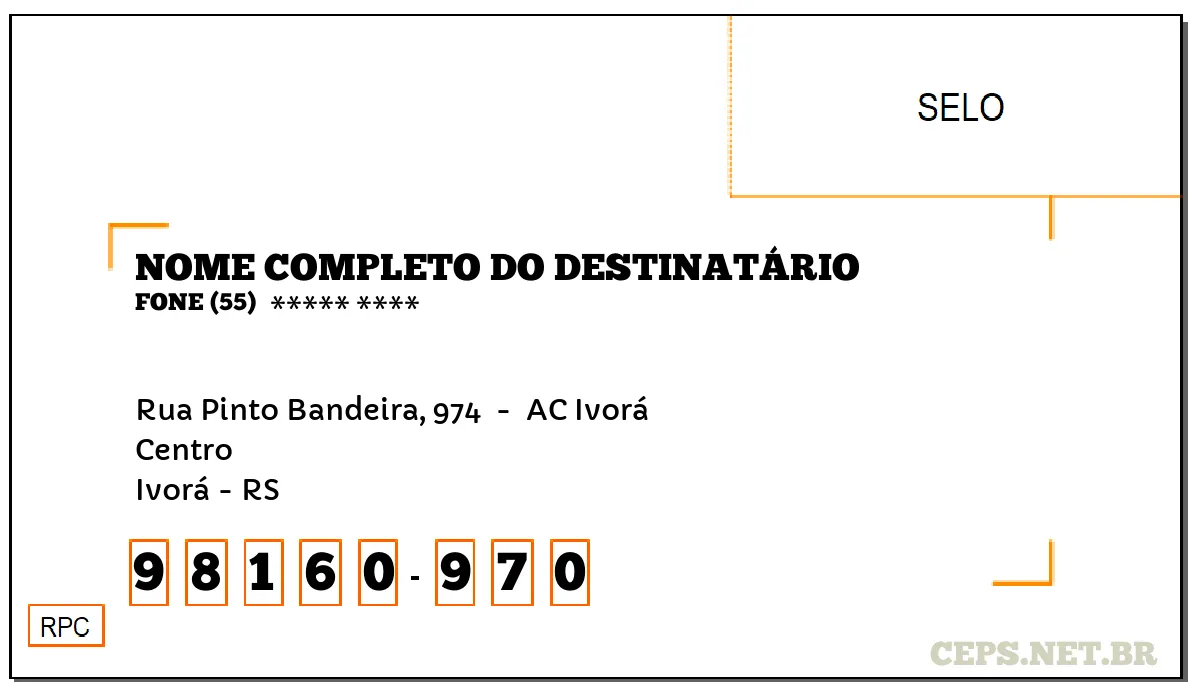 CEP IVORÁ - RS, DDD 55, CEP 98160970, RUA PINTO BANDEIRA, 974 , BAIRRO CENTRO.