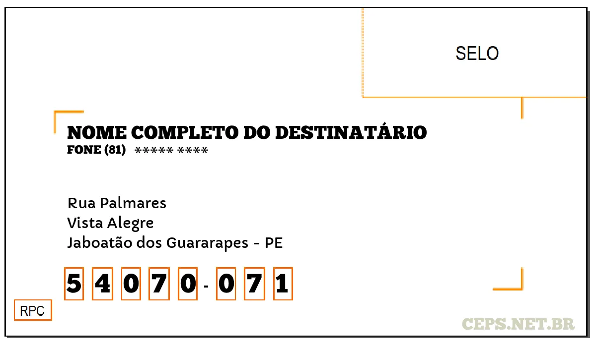 CEP JABOATÃO DOS GUARARAPES - PE, DDD 81, CEP 54070071, RUA PALMARES, BAIRRO VISTA ALEGRE.