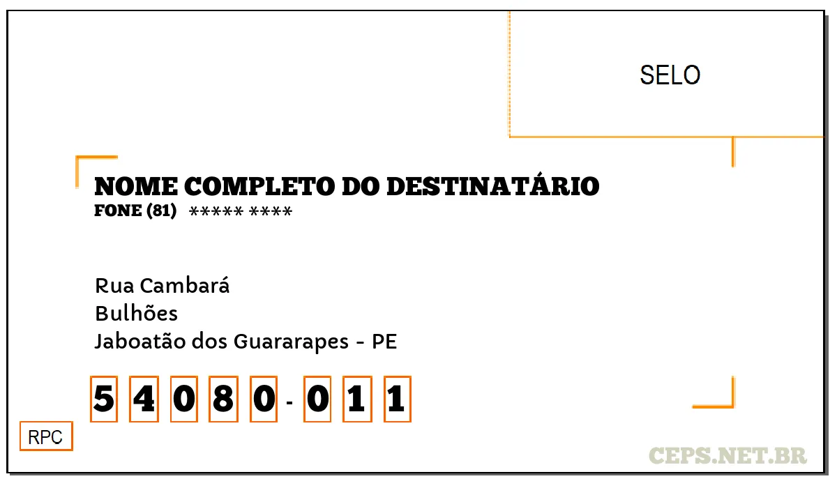 CEP JABOATÃO DOS GUARARAPES - PE, DDD 81, CEP 54080011, RUA CAMBARÁ, BAIRRO BULHÕES.